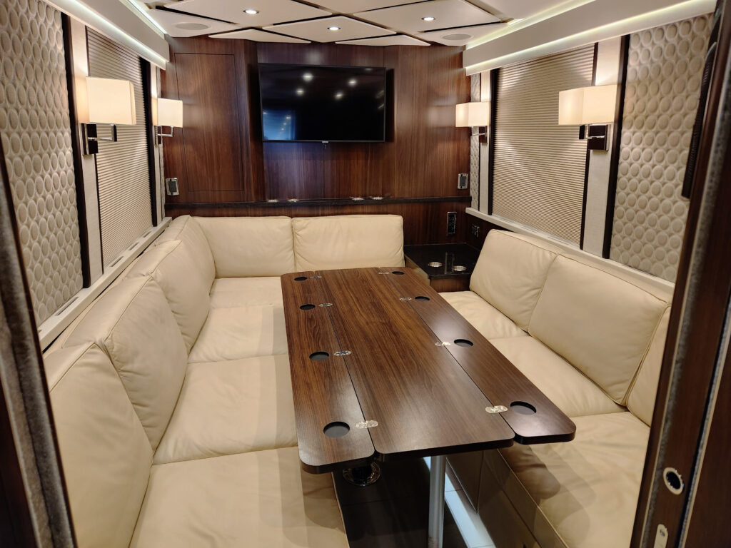 Interior of custom bus designed by Brewco